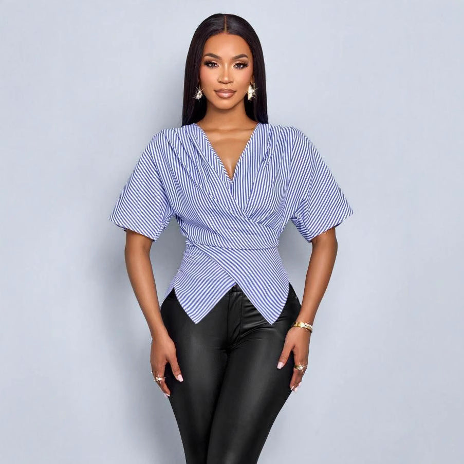 European and american cross-border  summer new striped irregular sexy fashion short-sleeve shirt v-neck top women's blouse