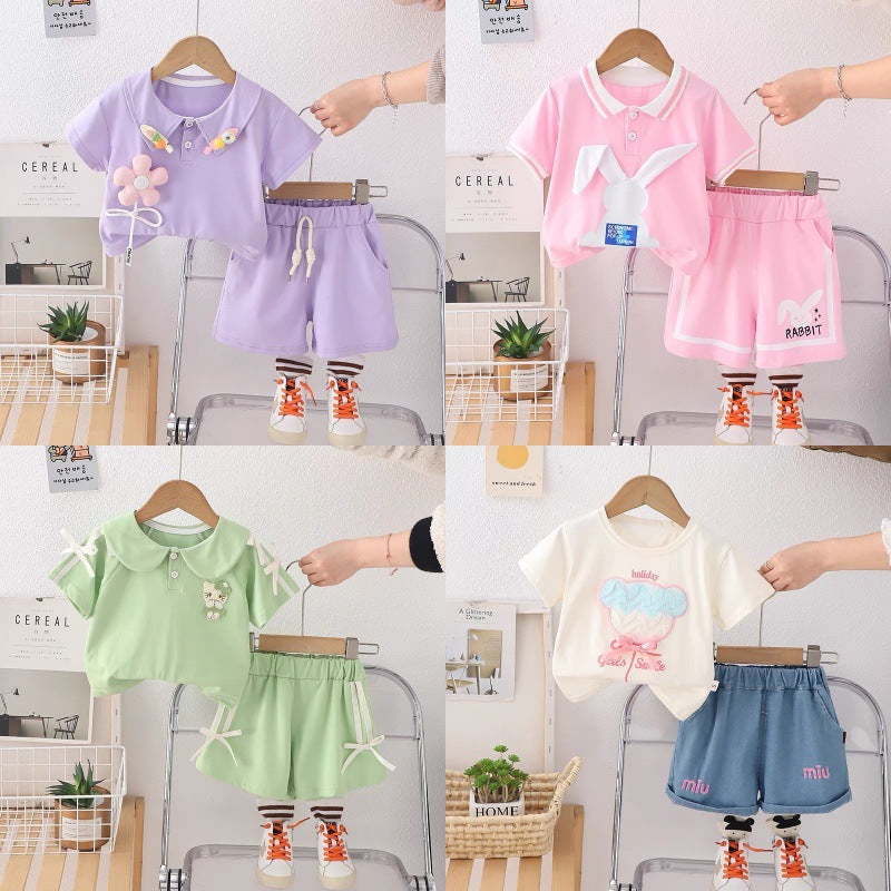 Girls' summer outfit: korean style cartoon set,  new summer collection, kids' fashion baidu short-sleeve two-piece set