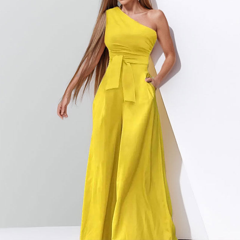 cross-border e-commerce women's fashion: european and american summer new arrivals - stylish and elegant solid color one-shoulder tie-up wide-leg jumpsuit