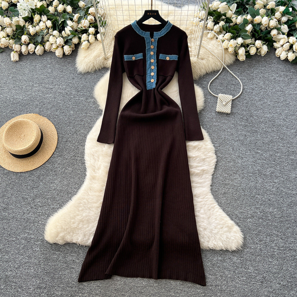 French chic knitted dress - women's summer short sleeve korean style metallic buckle slim fit retro maxi dress