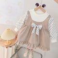 Girls' korean style round neck bowknot patchwork long sleeve dress - stylish princess dress for toddlers and first birthday celebrations