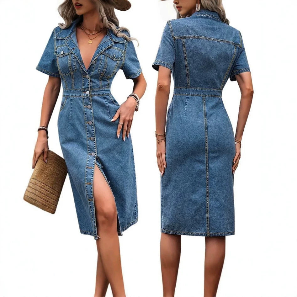 new arrivalplus size women's clothing  lapel denim short-sleeved cardigan medium dress export
