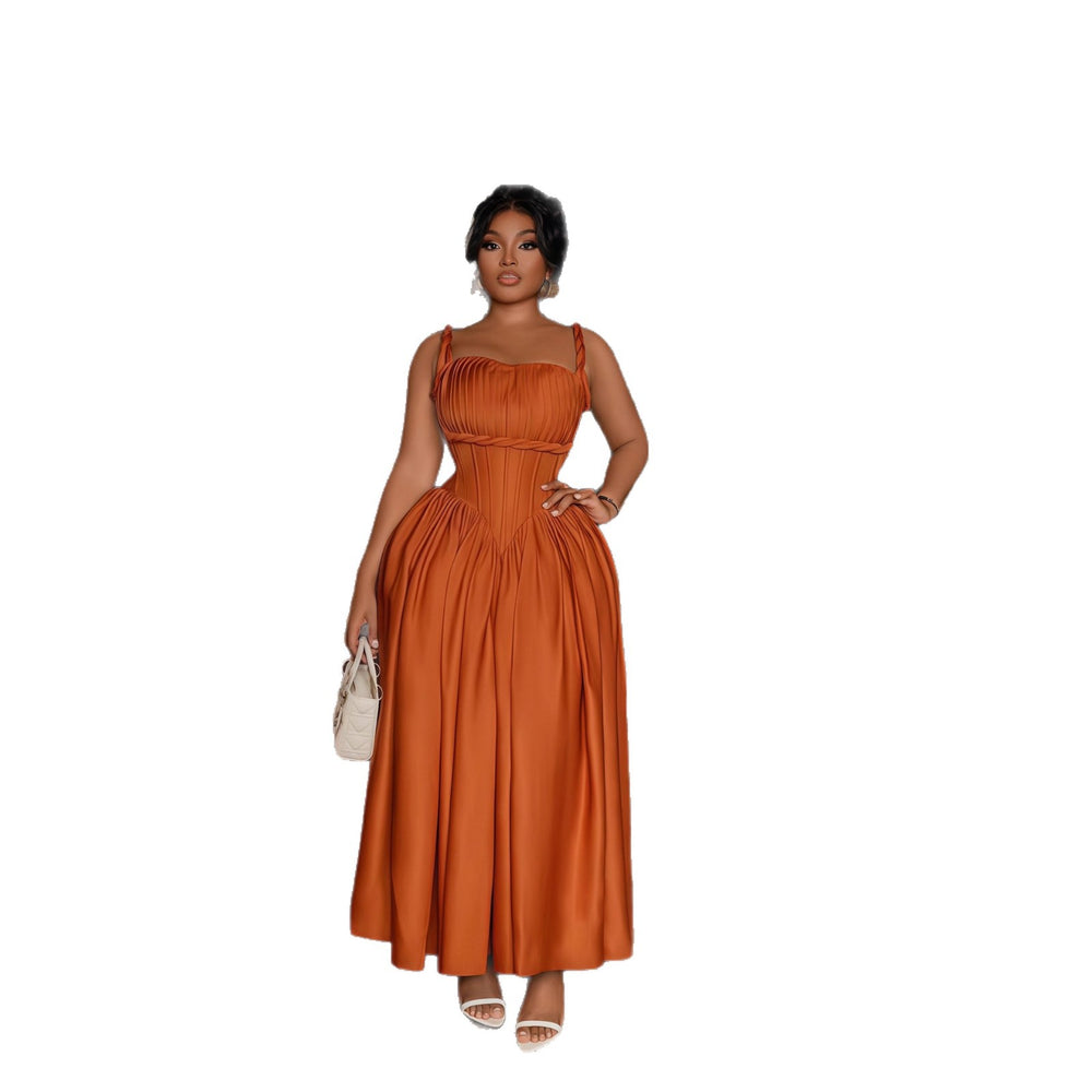 European and american cross-border women's fashion:  early winter new arrival - solid color sleeveless double shoulder braided rope waist cinched pleated maxi dress