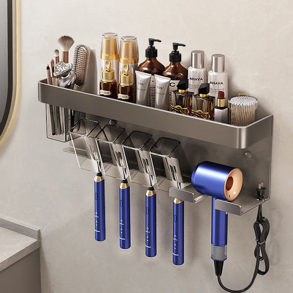 Gray bathroom toothbrush rack, no punching, wall-mounted light luxury brushing cup, mouthwash cup, toothpaste, toothset rack.