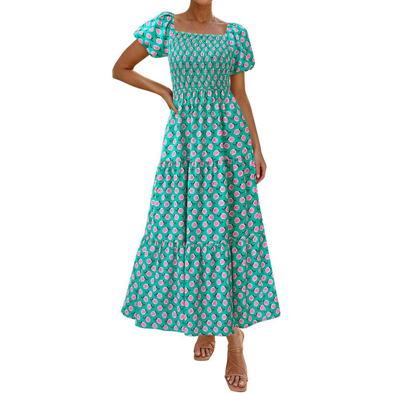 Amazon fashion short-sleeved square neck pleated dresssummernew arrivala-line elegant beach skirt