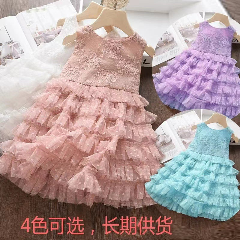 korean style summer girls' lace dress, kids' tank dress, princess tulle dress, baby tutu cake dress