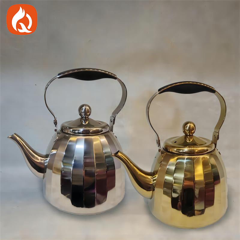 Export middle east stainless steel ling pattern kettle golden teapot hotel thickened large capacity handle water kettle tea kettle manufacturer