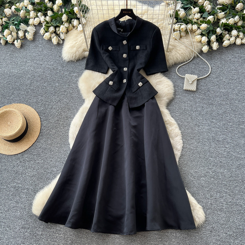K-stylework clothingred round neck a-line dress women's summer short sleevehigh waistslimming look hepburn styleaccessible luxurysuit skirt