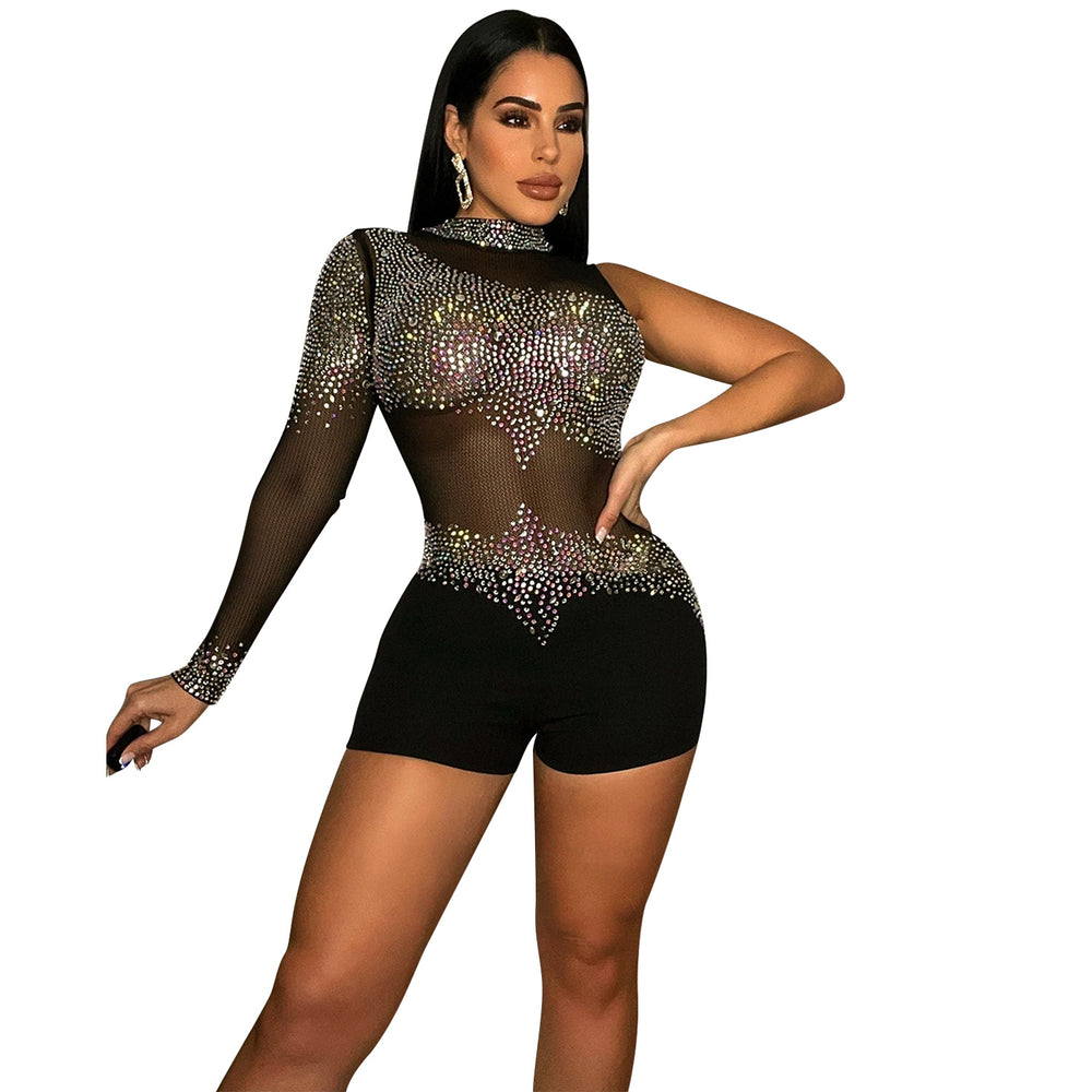 C5841 cross-border new arrival:  fashionable european and american sexy bodycon nightclub one-sleeve mesh see-through jumpsuit for women