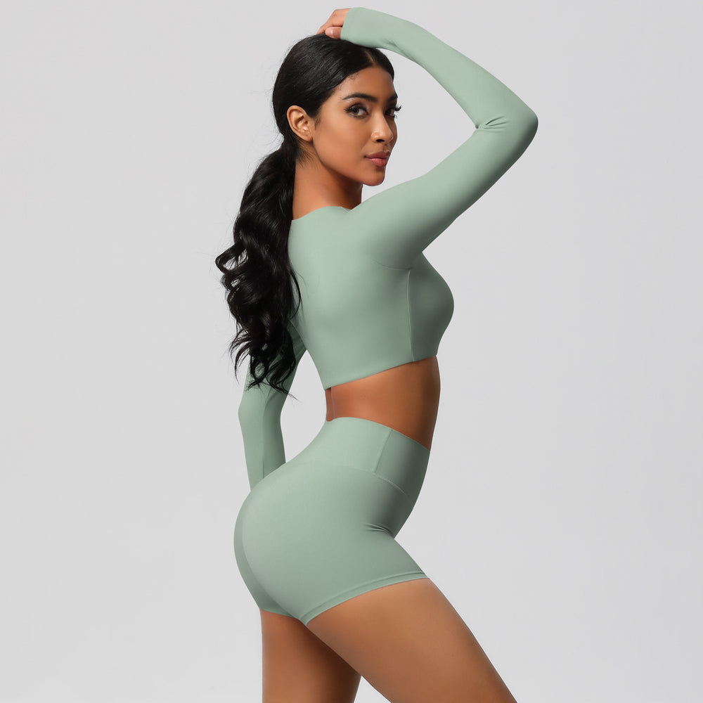 European and american new arrival: brushed long-sleeve yoga set - tight-fit, butt-lifting shorts, quick-dry running & fitness outfit for pilates