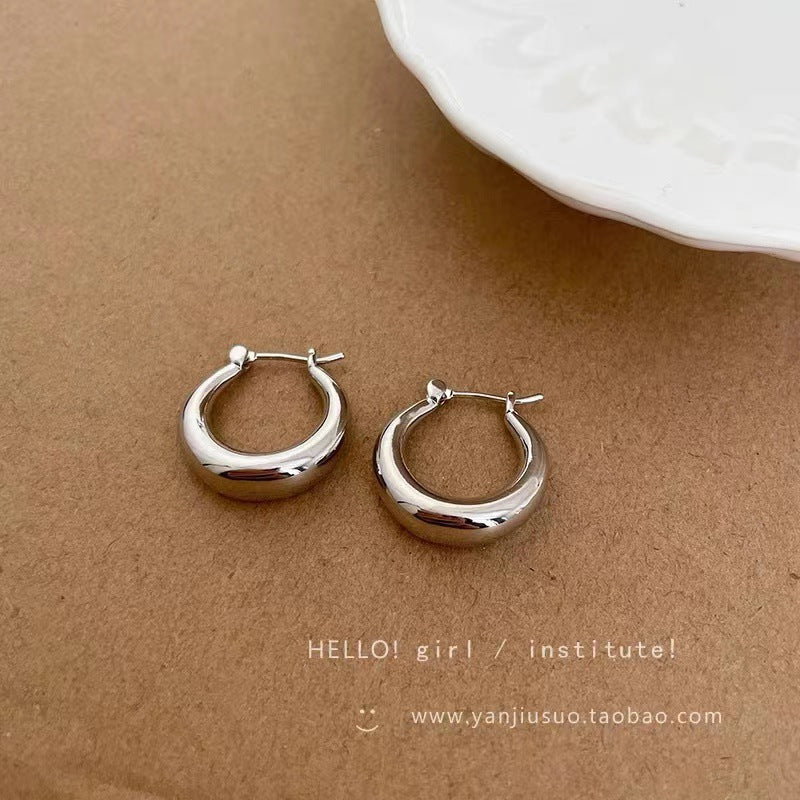 925 silver needle hong kong style retro metal earrings for women classy geometric plain hoop earrings easiest for match exaggerated work clothing earrings