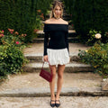 autumn european and american style women's chic fashion off-the-shoulder one-shoulder long sleeve patchwork short puffy dress