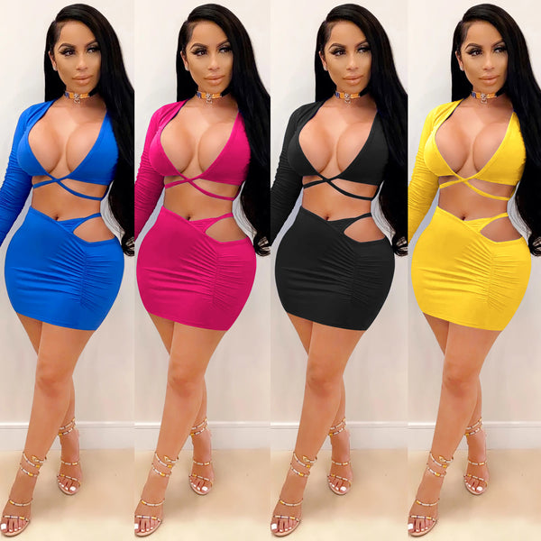 X3684 special offer, non-refundable and non-exchangeable, carefully shoot  European and American  sexy long-sleeved solid color short skirt set