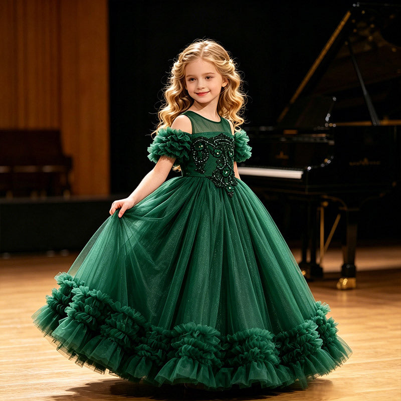 Girls' flower girl wedding dress evening gown runway cross-border european and american style off-shoulder tutu dress children's princess dress wholesale in stock