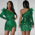 C6719 cross-border   fashion women's sexy one-shoulder sequin slit bodycon dress