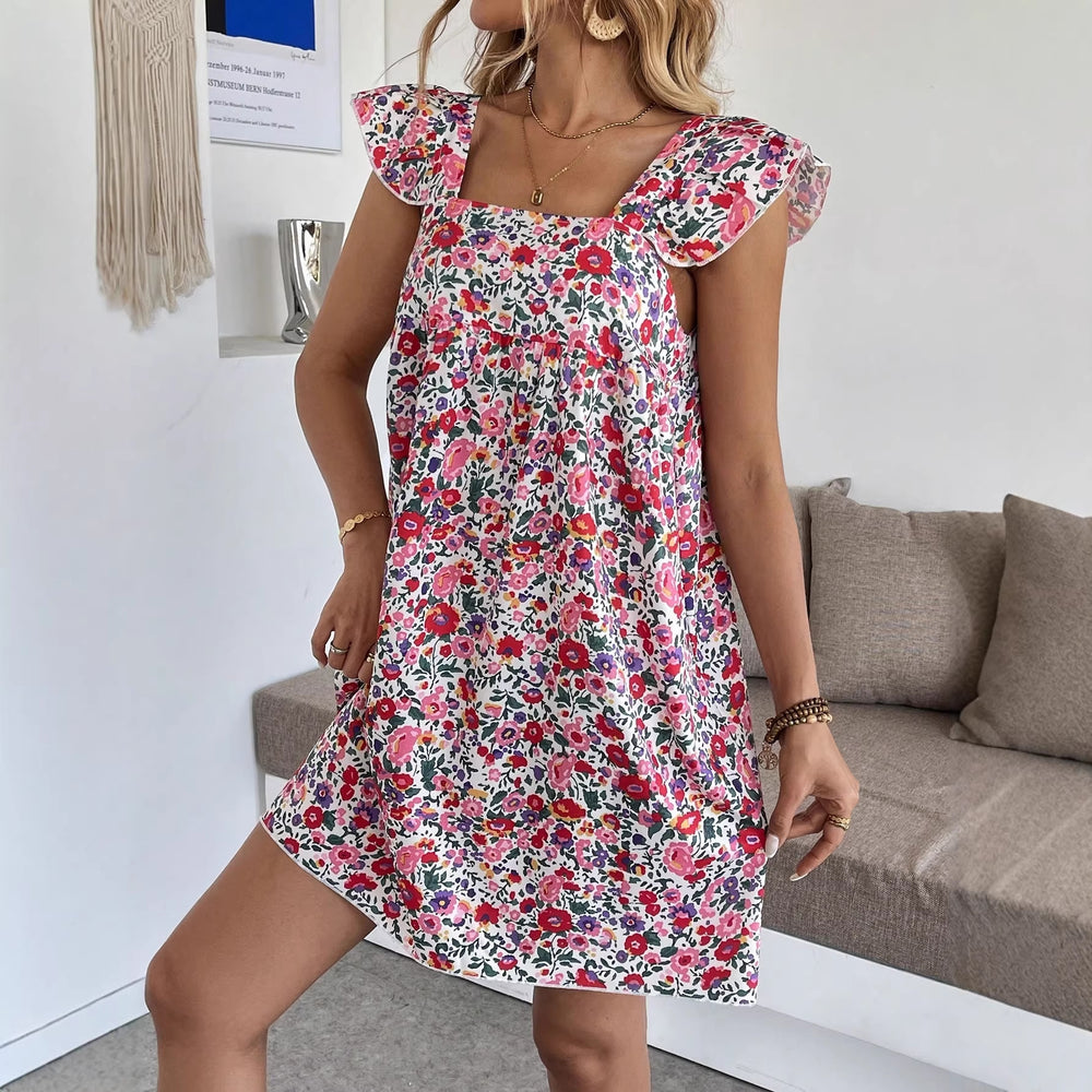 Amazon fashion cross-border bohemia style floral flying sleeve square neck dress vacation style a-line skirt