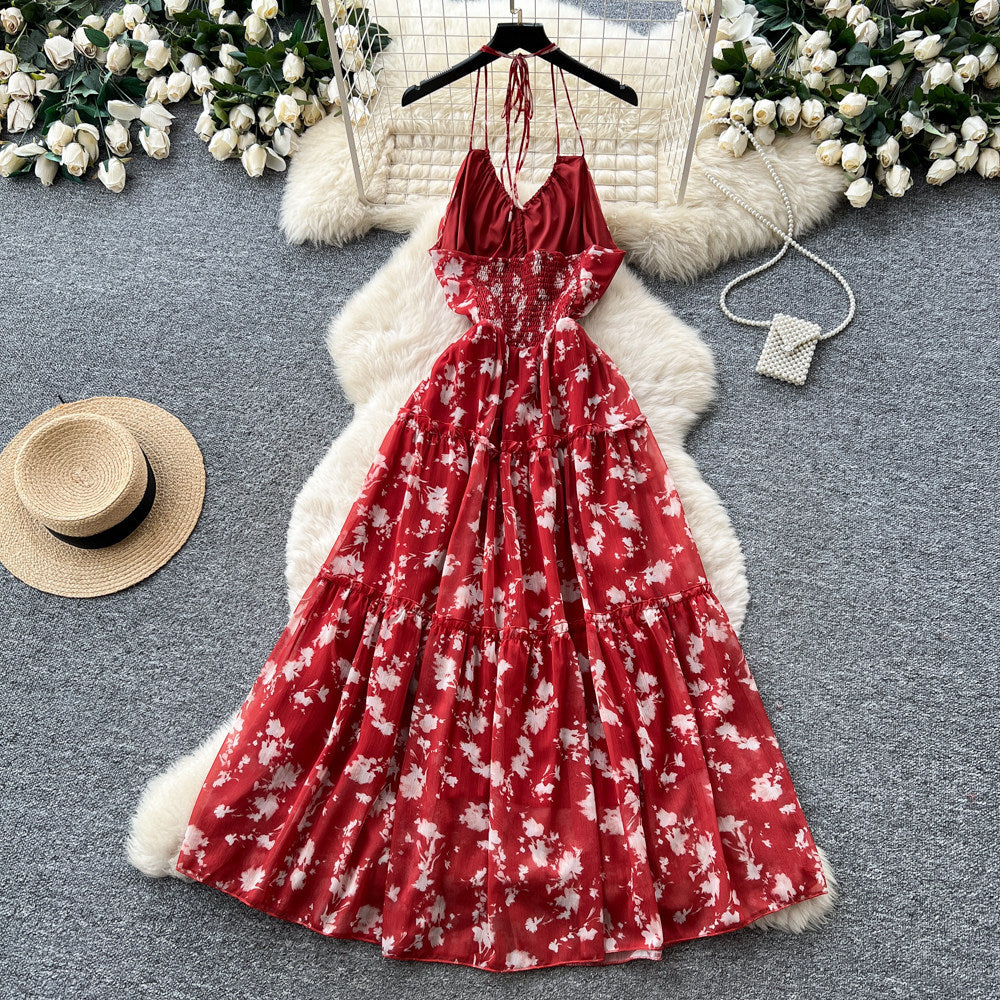 French holiday style red floral suspender dress women's summer pure desire backless sleeveless a-line elegant long skirt slimming look