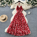 French holiday style red floral suspender dress women's summer pure desire backless sleeveless a-line elegant long skirt slimming look