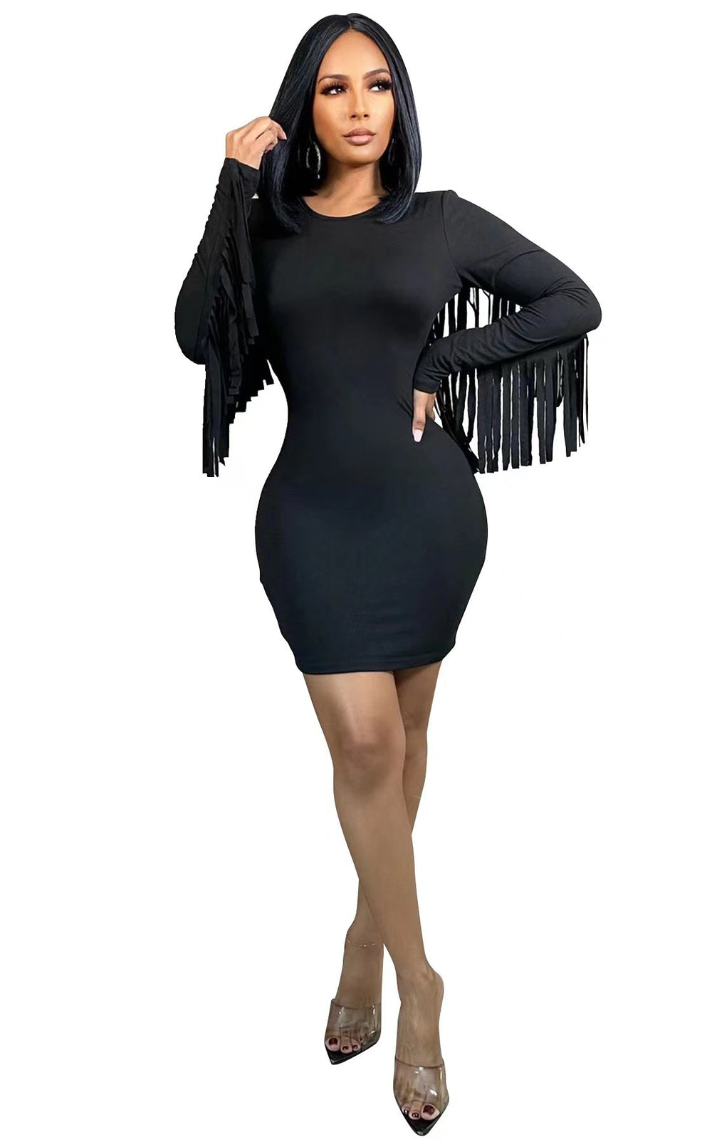 European and american cross-border women's fashion:  autumn hot-selling solid color long sleeve tassel round neck bodycon mini sexy dress