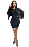 European and american cross-border women's fashion:  autumn hot-selling solid color long sleeve tassel round neck bodycon mini sexy dress
