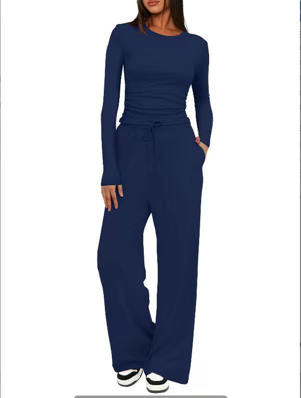cross-border fashion  new product pure color casuallong sleevessuittopshigh waistloose pants sportswear
