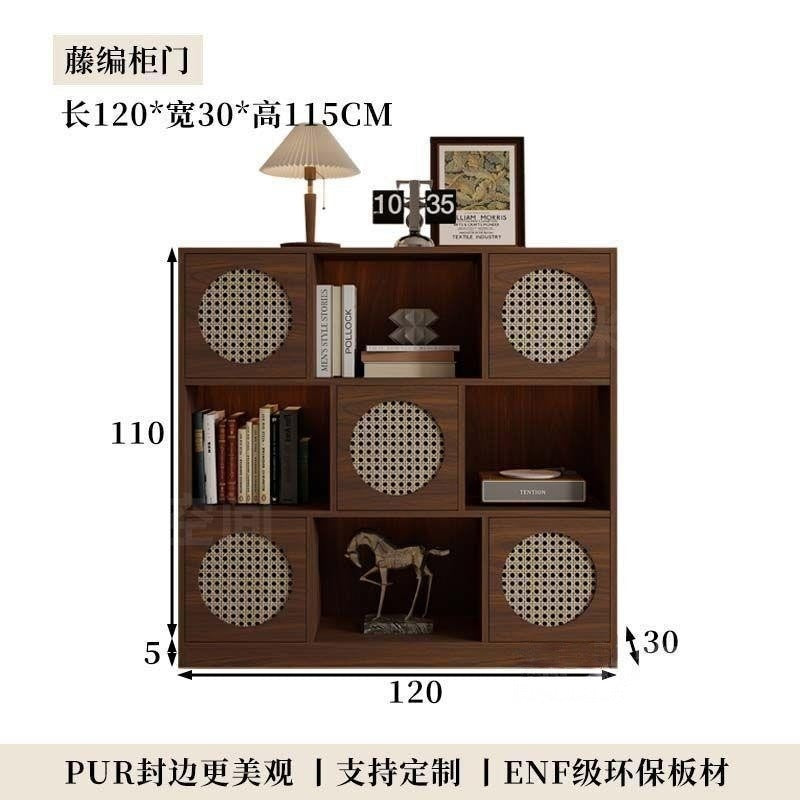 Half wall solid wood bookcase low cabinet storage cabinet all-in-one living room side cabinet combination cabinet storage rack color matching rattan bookshelf
