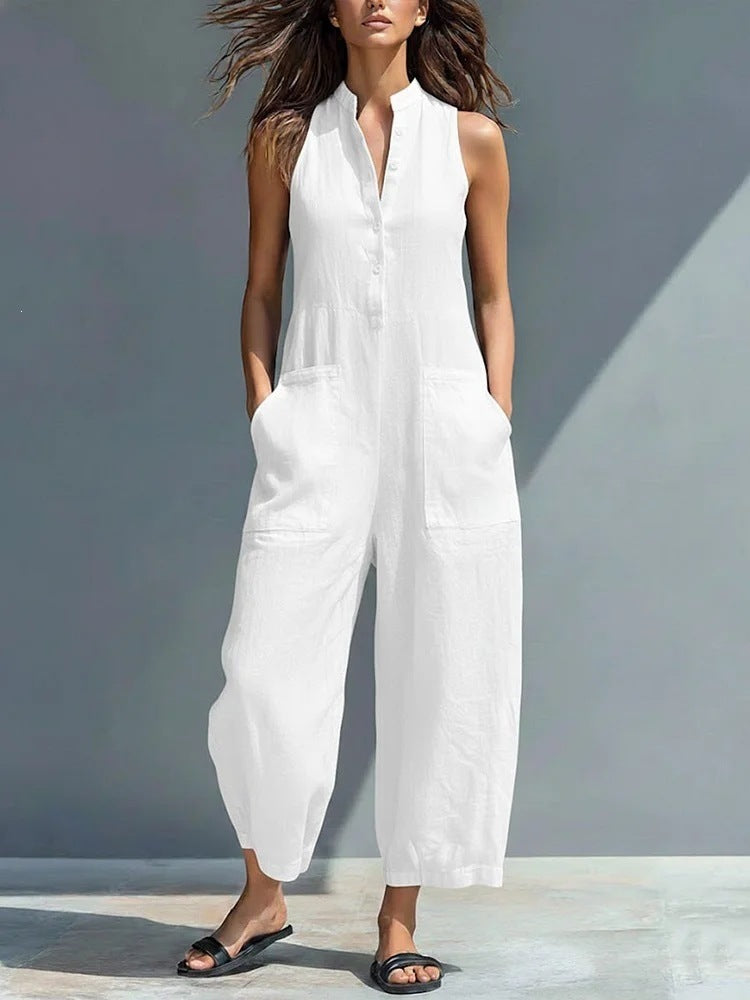 european and american women's clothing  independent station casual women's sleeveless stand collar pocket jumpsuit independent station black
