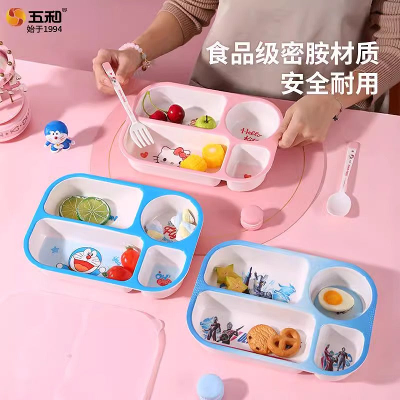 Bento bowl grid plate household eating plate primary school student lunch box tableware children's lunch box with sealing lid with fork and spoon