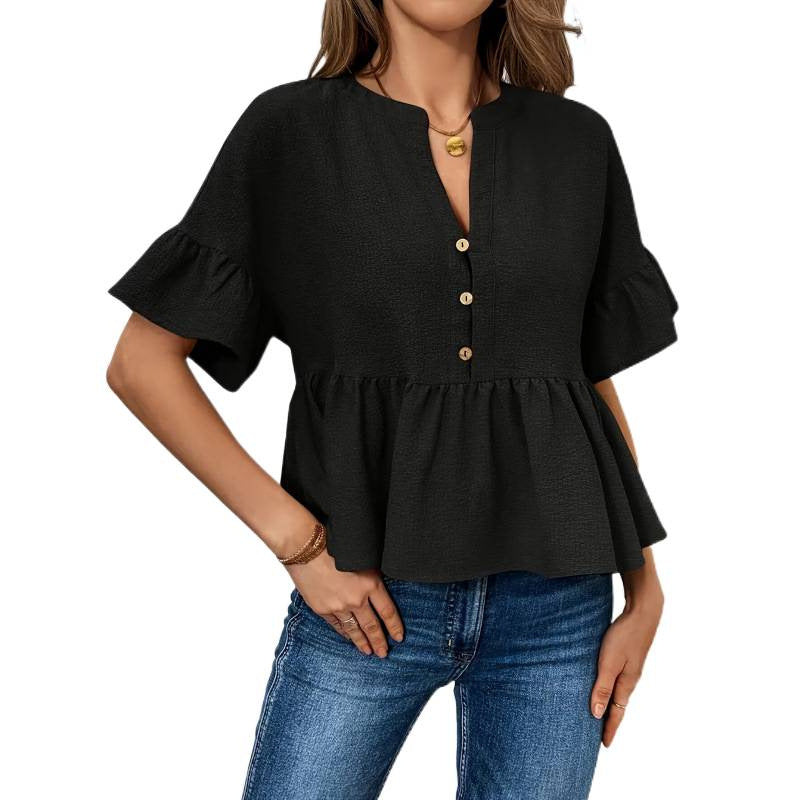 code new arrival  original women's casualpure colorv neckruffles short-sleeved tops