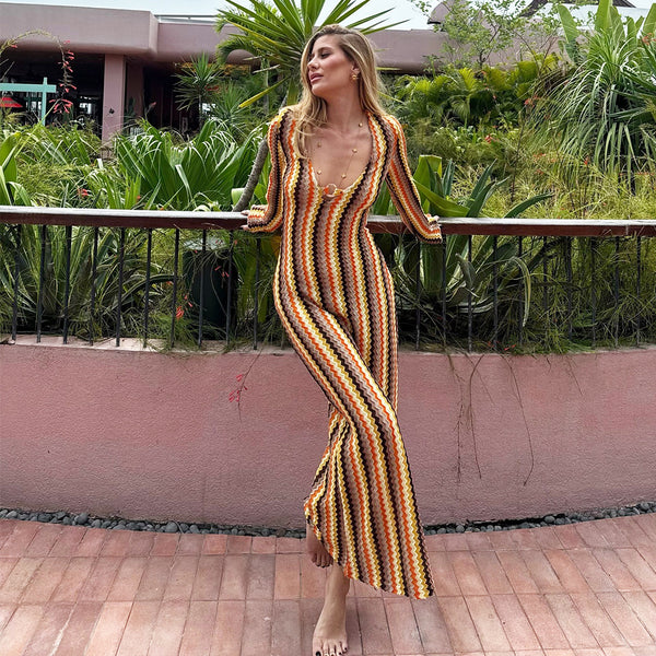 32544DB  exclusive supply for Freite 2025 autumn new product slim V-neck long-sleeved yarn-dyed European and American dress women