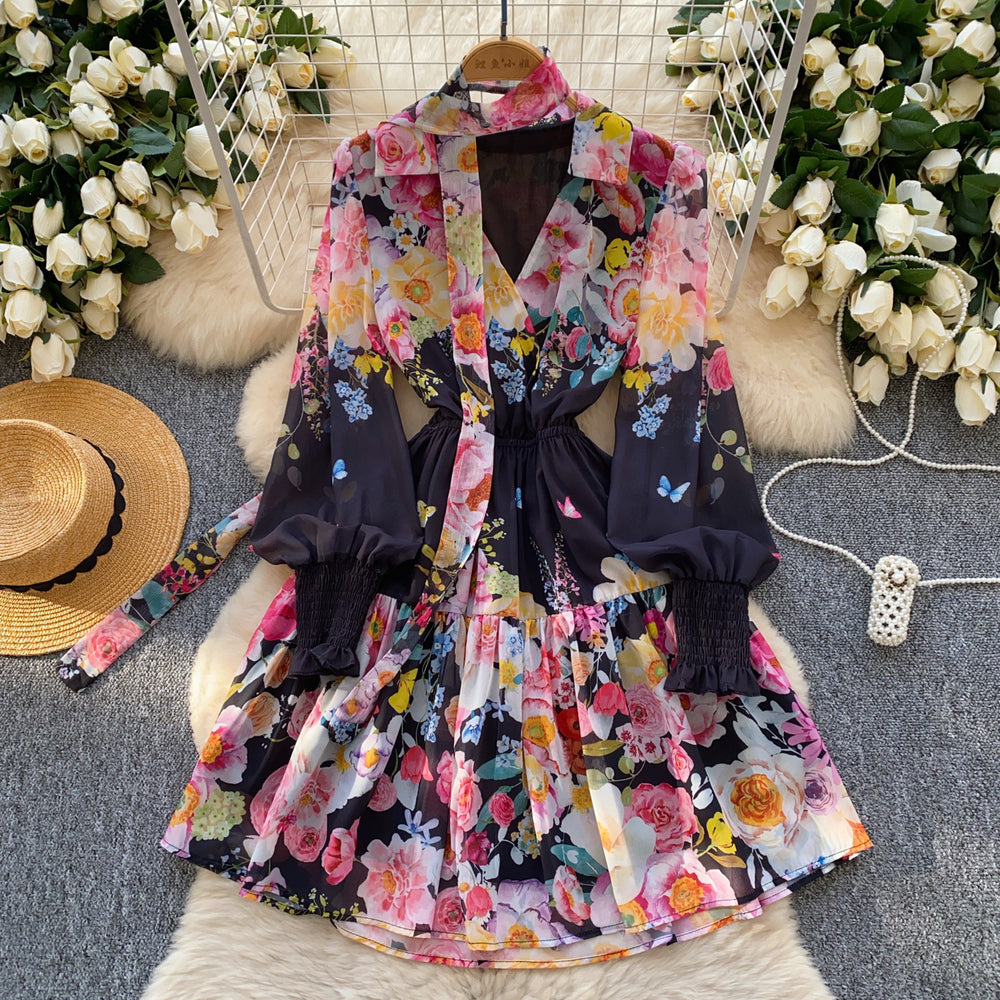 French chic elegant dress for women, spring , high-end deep v-neck, ribbon tie waist, printed ruffle hem mini dress