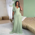 European and american cross-border women's fashion:  summer new arrival - elegant asymmetrical neck ruched tie-waist long short-sleeve dress