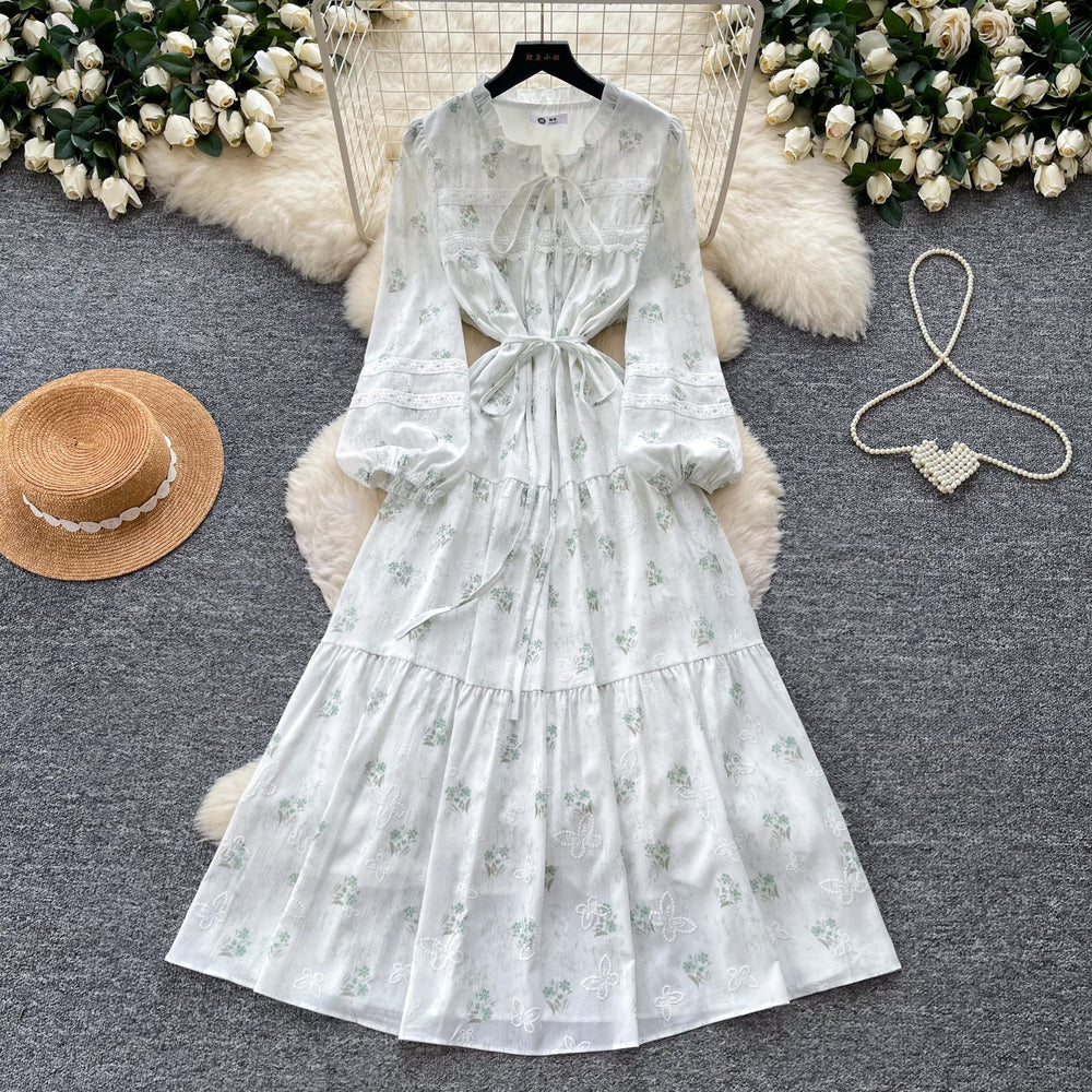 French chic lantern sleeve printed dress - women's summer korean style, slimming tie-waist, ethereal fairy dress