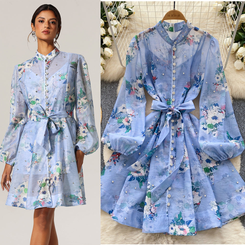 Export palace style spring dress for women new arrival nail diamond button waist printing long sleevesdress + suspender skirt