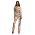 European and american animal print digital print hooded color block stretch outerwear top and pants set - influencer style