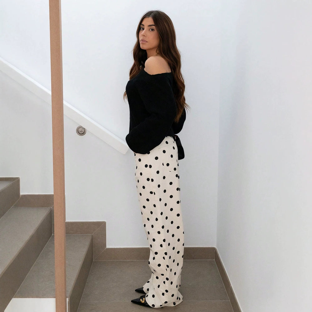 European and american retro polka dot print wide leg jeans women's high waist drapey loose floor-length american style straight leg pants