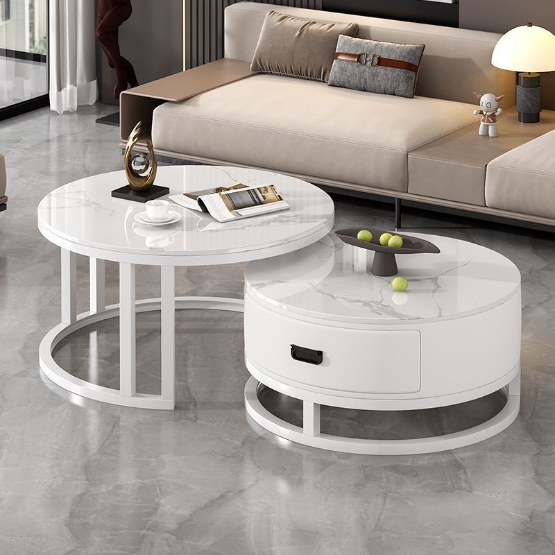 Italian round rock slab high-end tea table, small apartment coffee table, living room home modern minimalist light luxury table set