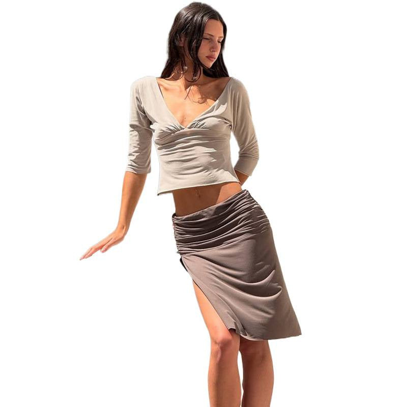 European and american style women's summer  new collection: edgy & chic v-neck long sleeve top with slit midi skirt set