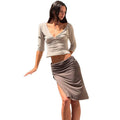 European and american style women's summer  new collection: edgy & chic v-neck long sleeve top with slit midi skirt set