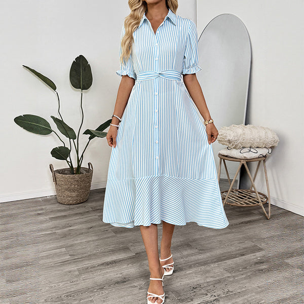 Independent station new  dating commuter style shirt type bubble sleeve lapel striped dress women's summer dress