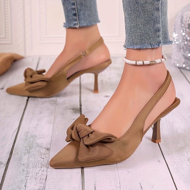 French retro satin bow pointed-toe high heels - ankle strap stiletto heels for work and banquets - cross-border exclusive