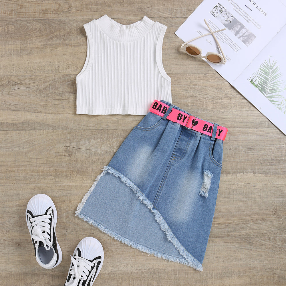 children's clothing new arrivalpure cottonknitting pit vest washed hole denim skirt girl kidssuit cross-border belt