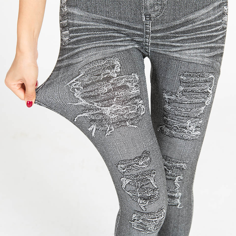 Wish hot-selling summer distressed print faux denim leggings -  cross-border hot seller, thin, high-stretch, all-in-one pants