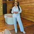 European and american cross-border women's clothing  summer new fashion casual striped loose long-sleeved shirt and high-waisted pants set