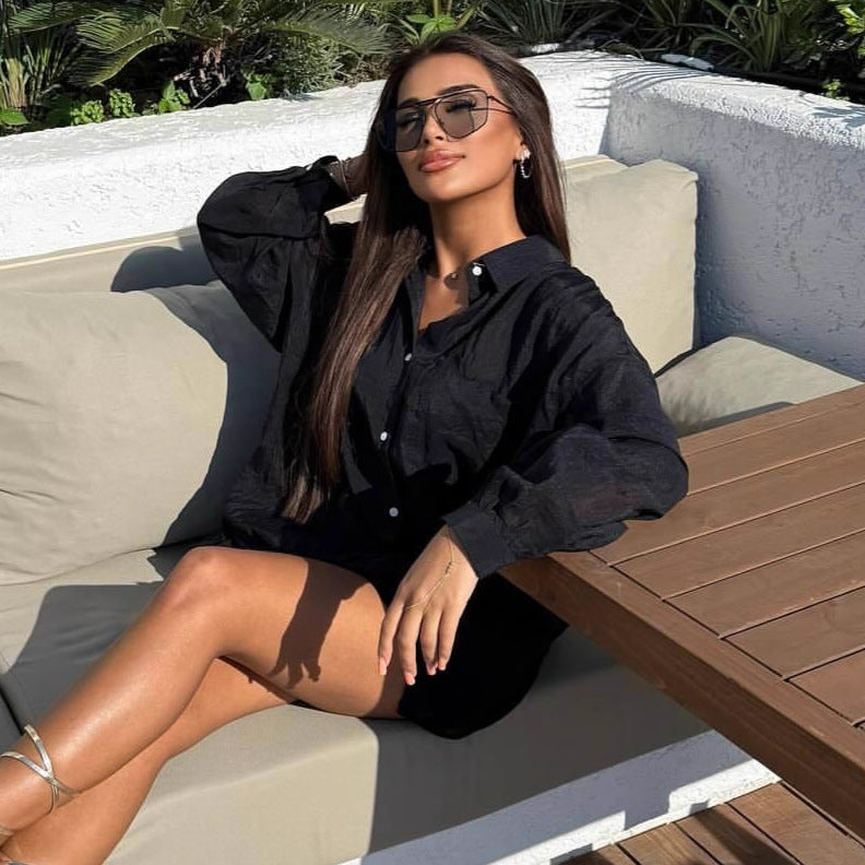 European and American large size solid color long-sleeved cardigan lapel shirt women's African casual temperament shorts loose new two-piece set