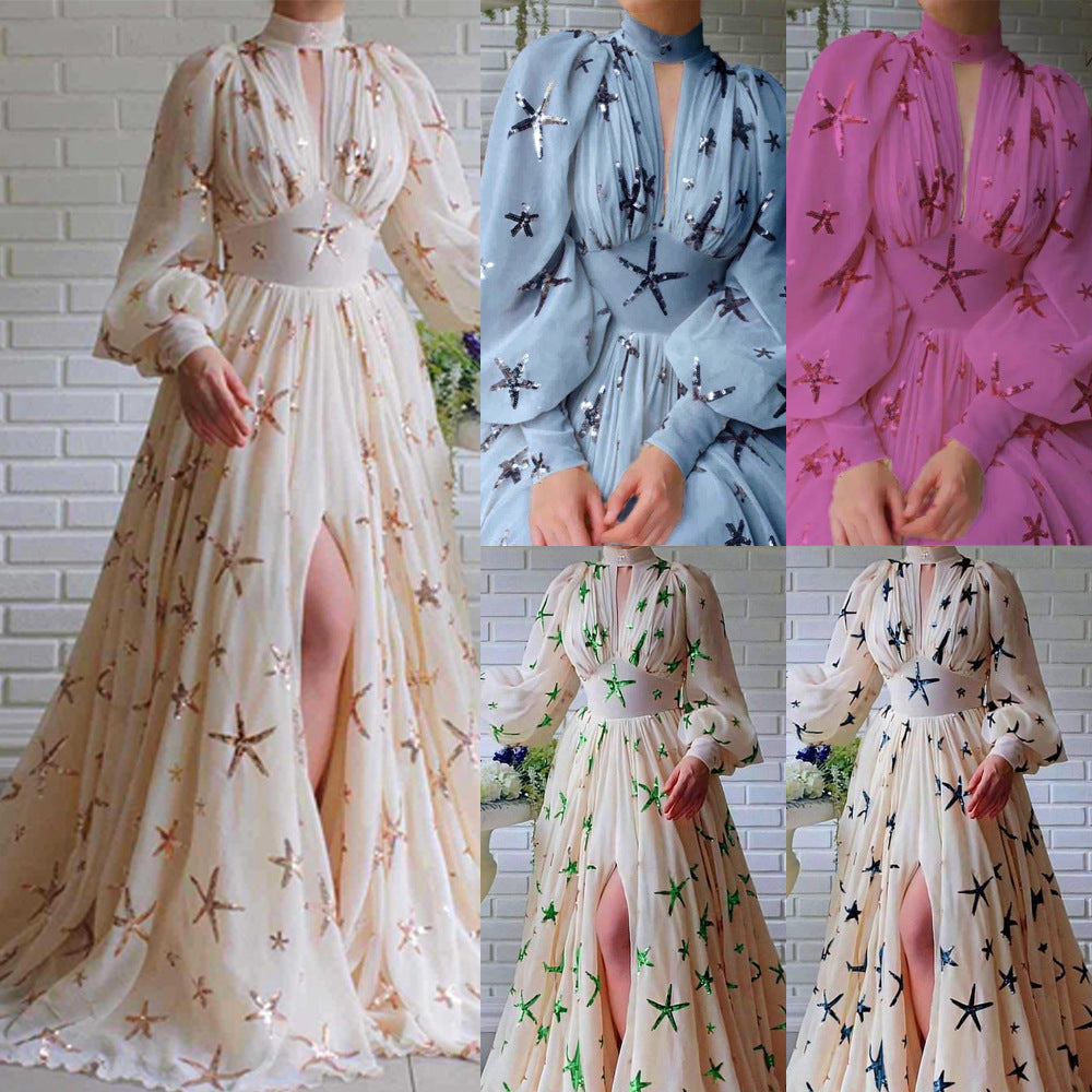 2025 new arrival: multi-color, ready-to-ship, semi-high neck, sequin-embellished, slit, lantern sleeve, maxi chiffon dress
