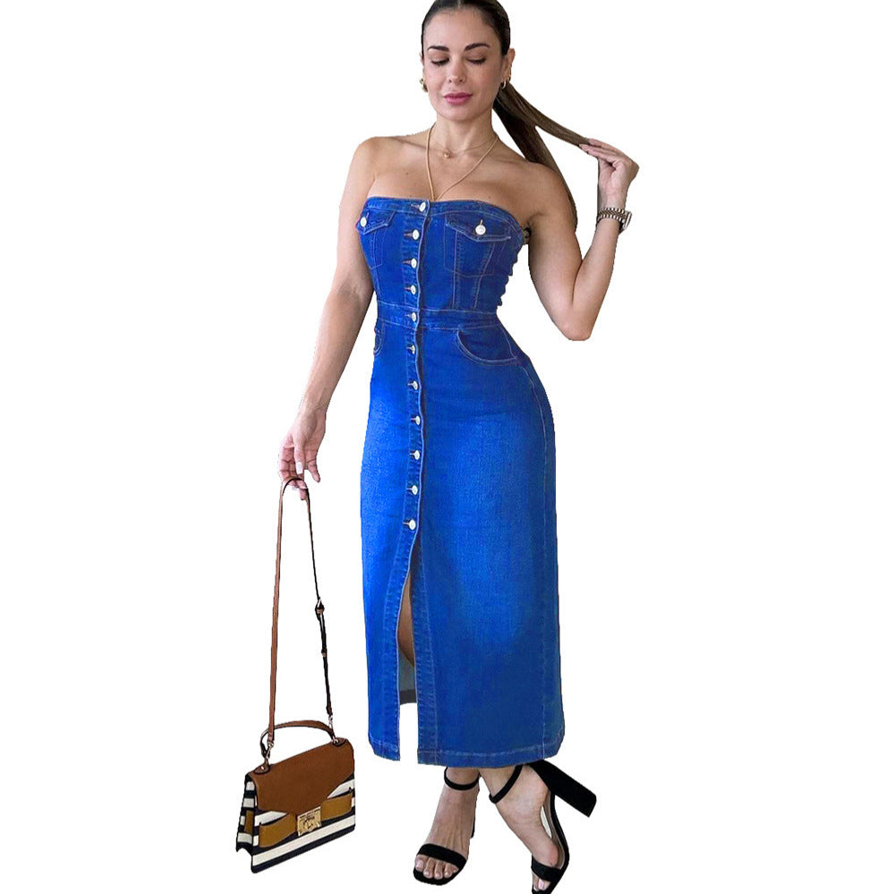 European and american style denim dress  cross-border women's fashion hot girl tube top single-breasted slit hip skirt