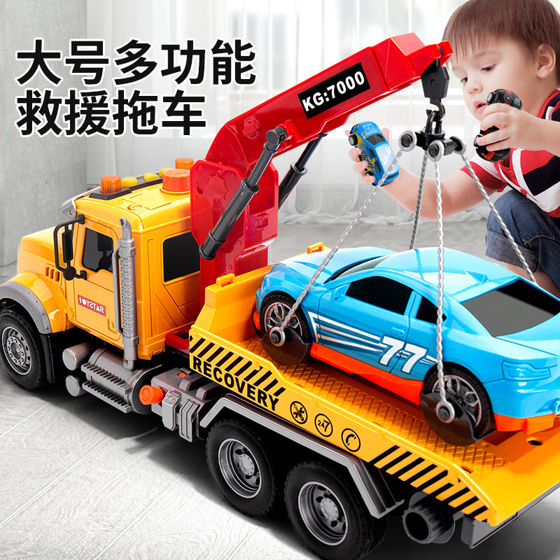 Boys' trailer toy crane - kids' car crane flatbed tow truck - engineering transport rescue vehicle with lights and sounds