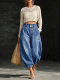 Fashionjeans double-button high waist patch pocket washed distressed jogger pants bloomers exportcasualloose denim women's pants
