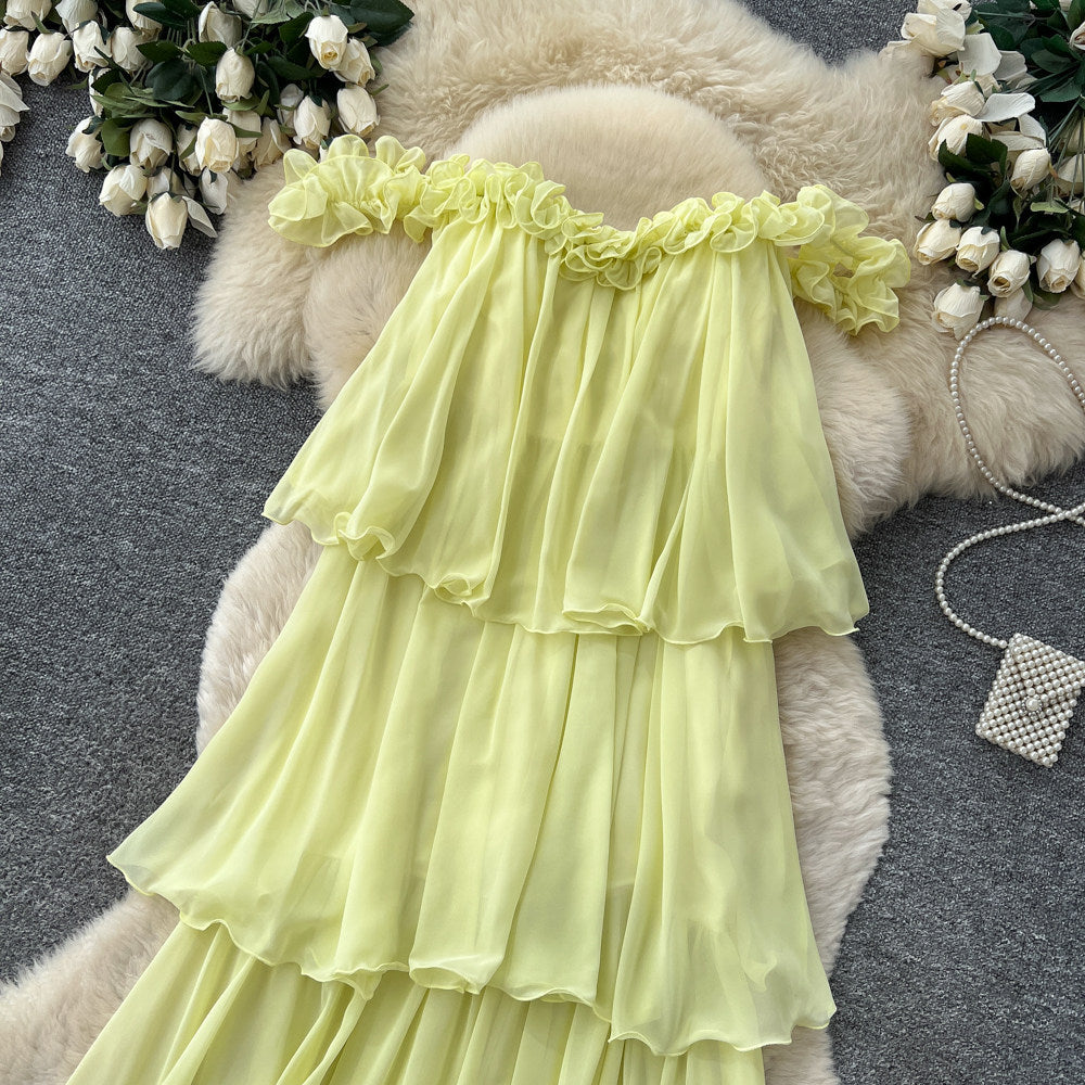 French halter sleeveless ruffle dress women's summer korean style high waist tiered dress vacation chic maxi dress